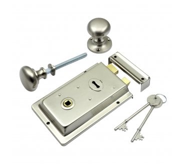 Prima Flanged Rim Lock c/w Mushroom Rim Knobs - Satin Nickel