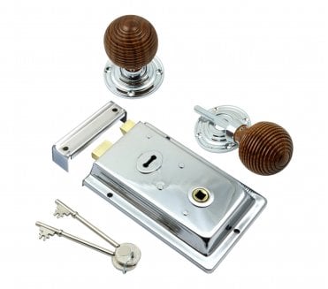 Prima Flanged Rim Lock c/w Rosewood Beehive Rim Knobs - Polished Chrome