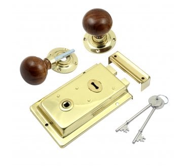 Prima Flanged Rim Lock c/w Rosewood Mushroom Rim Knobs - Polished Brass