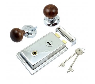 Prima Flanged Rim Lock c/w Rosewood Mushroom Rim Knobs - Polished Chrome