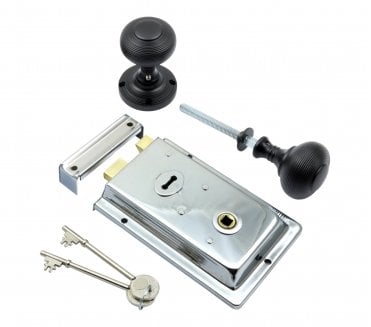 Prima Flanged Rim Lock (Chrome) c/w Beehive Rim Knobs - Matt Black