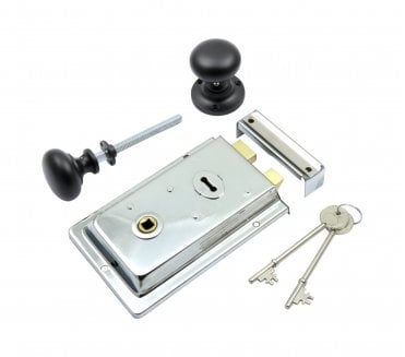 Prima Flanged Rim Lock (Chrome) c/w Mushroom Rim Knobs - Matt Black