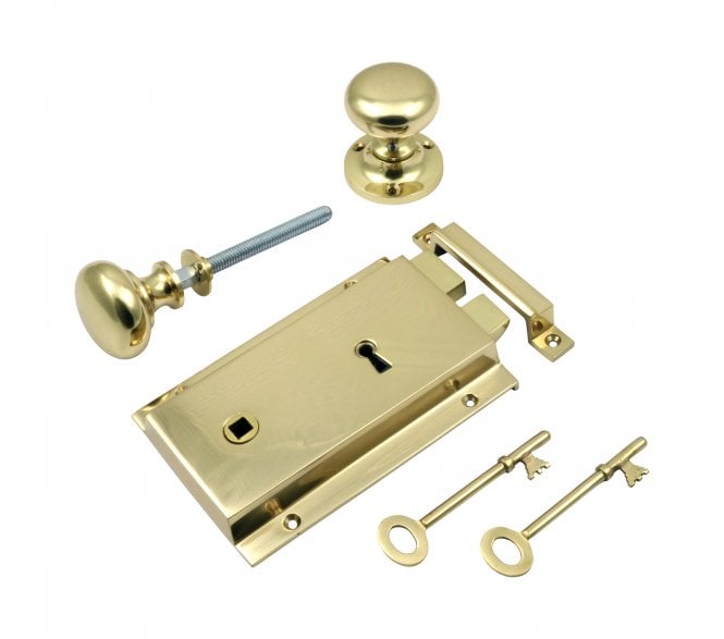 Prima Heavy Cast Rim Lock & Mushroom Rim Knobs - Polished Brass