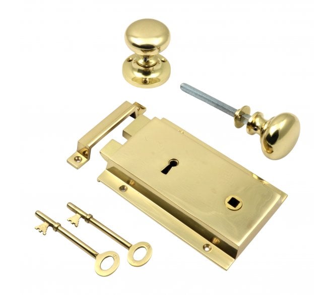 Prima Heavy Cast Rim Lock & Mushroom Rim Knobs - Polished Brass