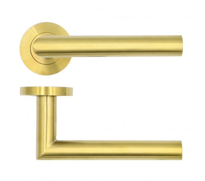 Rosso Tecnica RT010 Lugano Door Handles on Rose - PVD Satin Brass