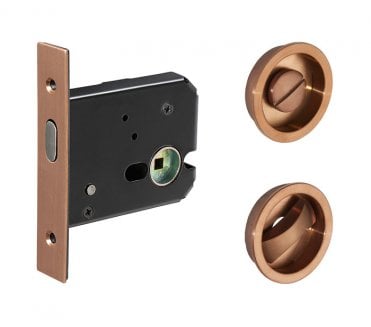 Round Sliding Pocket Door Bathroom Lock - Satin Copper