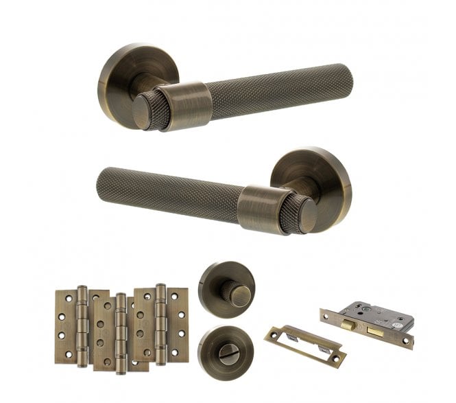 Senza Pari Andretta Door Handle Bathroom Pack (4 Fire Rated Hinges x3) - Antique Brass