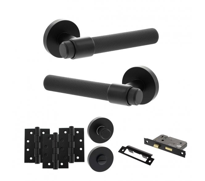 Senza Pari Andretta Door Handle Bathroom Pack (4 Fire Rated Hinges x3) - Matt Black