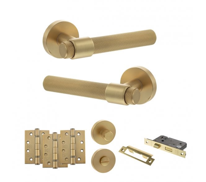 Senza Pari Andretta Door Handle Bathroom Pack (4 Fire Rated Hinges x3) - Satin Brass