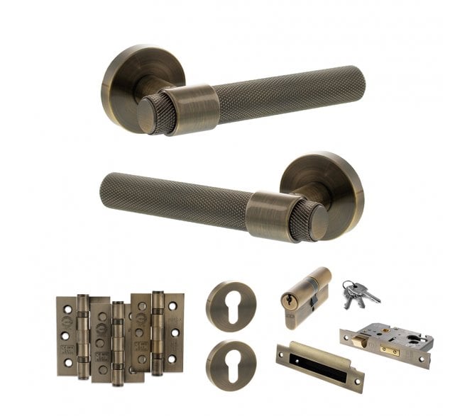 Senza Pari Andretta Door Handle Euro Profile Lock Pack (3 Ball Bearing Hinges x3) - Antique Brass