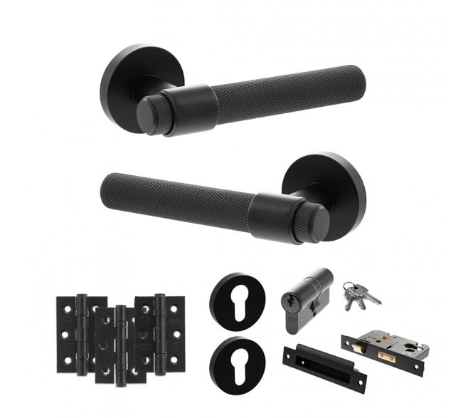 Senza Pari Andretta Door Handle Euro Profile Lock Pack (3 Ball Bearing Hinges x3) - Matt Black