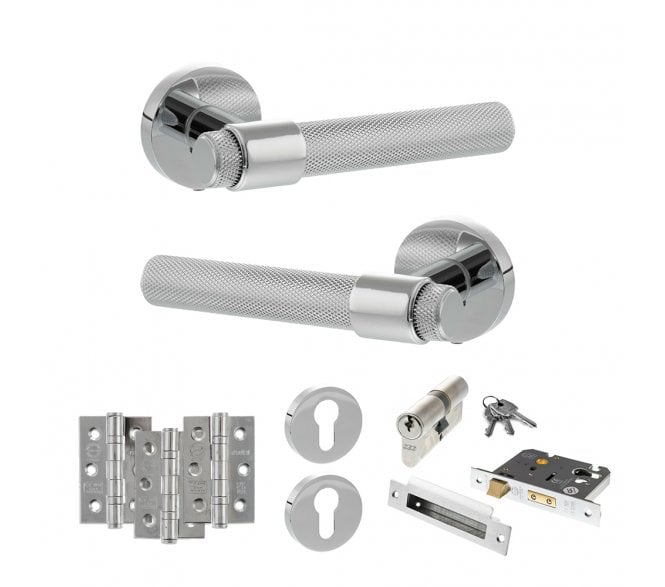 Senza Pari Andretta Door Handle Euro Profile Lock Pack (3 Ball Bearing Hinges x3) - Polished Chrome