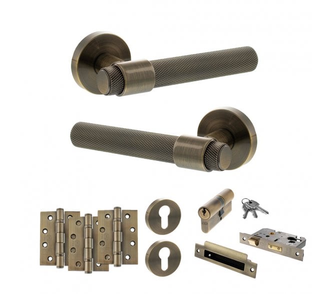 Senza Pari Andretta Door Handle Euro Profile Lock Pack (4 Fire Rated Hinges x3) - Antique Brass
