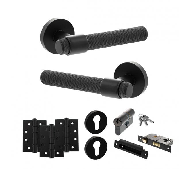 Senza Pari Andretta Door Handle Euro Profile Lock Pack (4 Fire Rated Hinges x3) - Matt Black