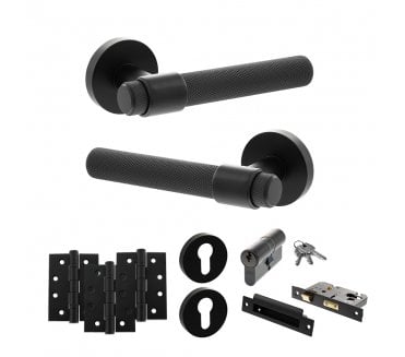 Senza Pari Andretta Door Handle Euro Profile Lock Pack (4 Fire Rated Hinges x3) - Matt Black