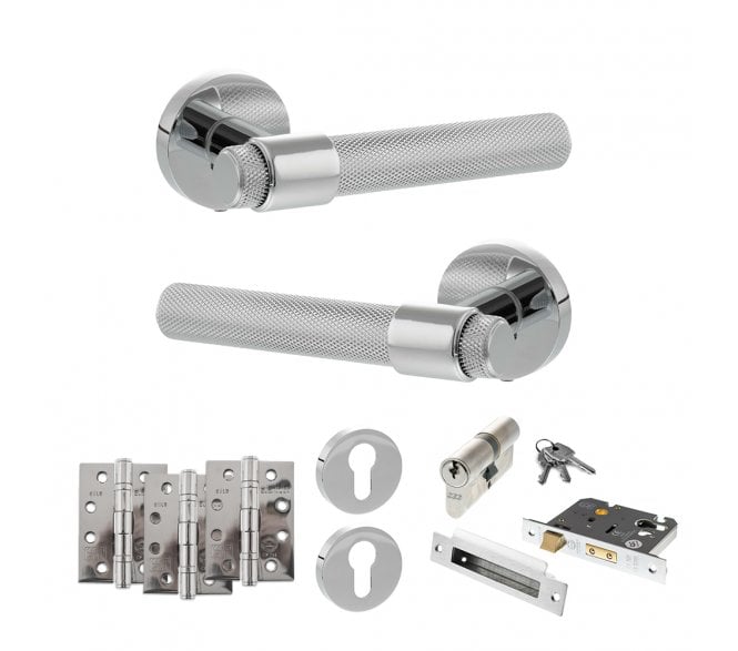 Senza Pari Andretta Door Handle Euro Profile Lock Pack (4 Fire Rated Hinges x3) - Polished Chrome