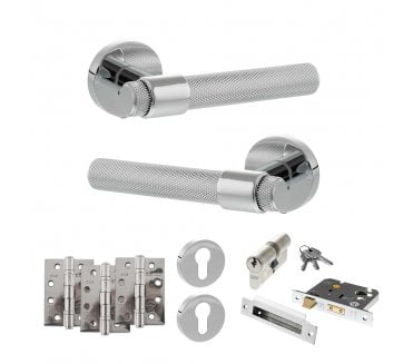 Senza Pari Andretta Door Handle Euro Profile Lock Pack (4 Fire Rated Hinges x3) - Polished Chrome