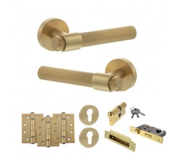 Senza Pari Andretta Door Handle Euro Profile Lock Pack (4 Fire Rated Hinges x3) - Satin Brass
