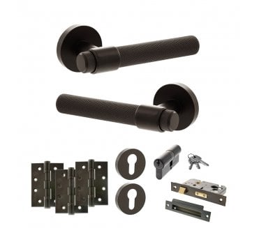 Senza Pari Andretta Door Handle Euro Profile Lock Pack (4 Fire Rated Hinges x3) - Urban Dark Bronze