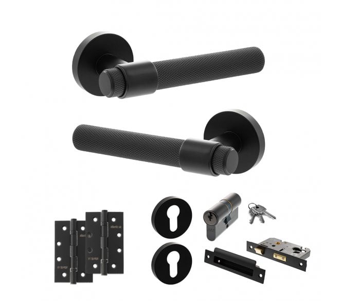 Senza Pari Andretta Door Handle Euro Profile Lock Pack (4 Slim Knuckle Hinges x2) - Matt Black