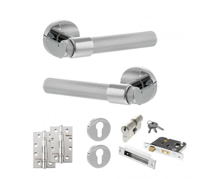 Senza Pari Andretta Door Handle Euro Profile Lock Pack (4 Slim Knuckle Hinges x2) - Polished Chrome