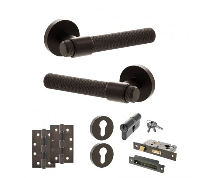 Senza Pari Andretta Door Handle Euro Profile Lock Pack (4 Slim Knuckle Hinges x2) - Urban Dark Bronze
