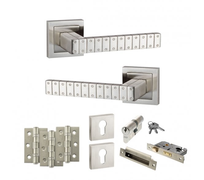 Senza Pari Bianca Door Handle Euro Profile Lock Pack (3 Ball Bearing Hinges x3) - Satin Nickel