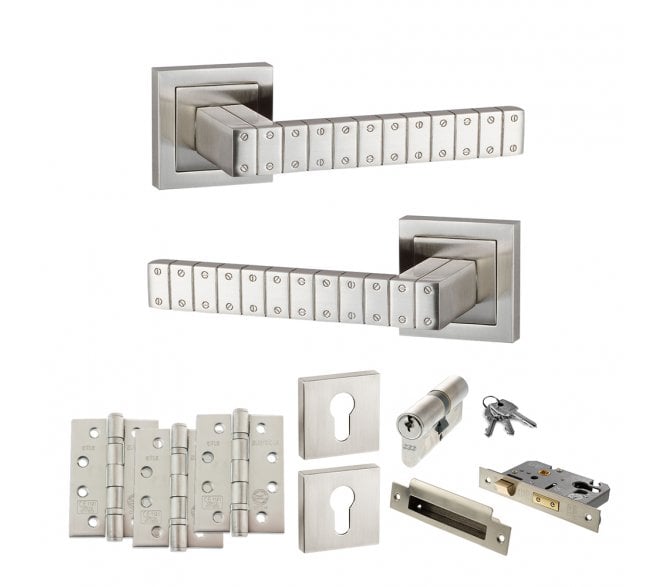 Senza Pari Bianca Door Handle Euro Profile Lock Pack (4 Fire Rated Hinges x3) - Satin Nickel