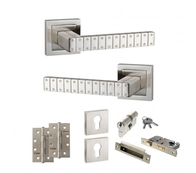 Senza Pari Bianca Door Handle Euro Profile Lock Pack (4 Slim Knuckle Hinges x2) - Satin Nickel