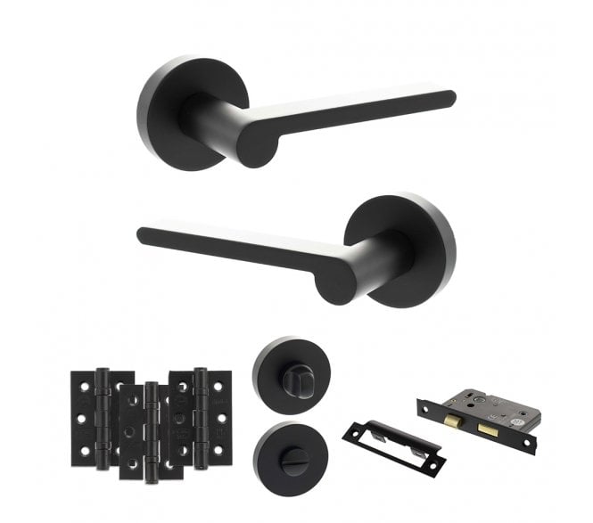 Senza Pari Darrio Door Handle Bathrom Pack (3 Ball Bearing Hinges x3) - Matt Black