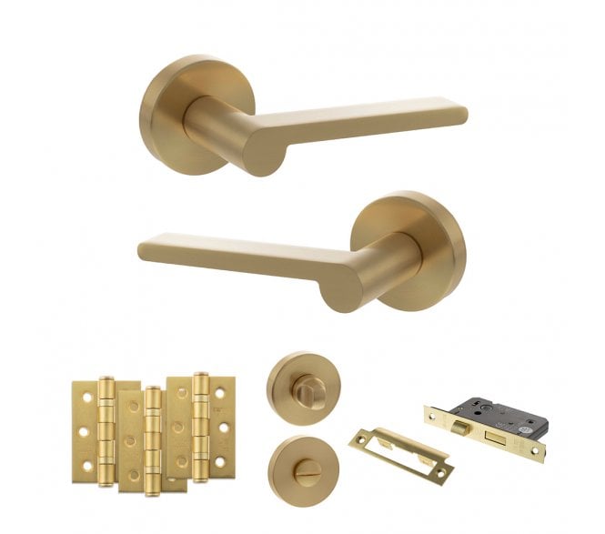 Senza Pari Darrio Door Handle Bathroom Pack (3 Ball Bearing Hinges x3) - Satin Brass