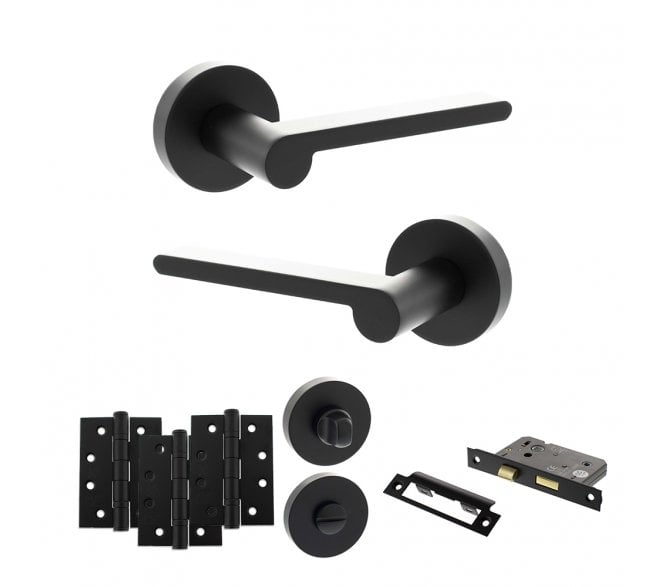 Senza Pari Darrio Door Handle Bathroom Pack (4 Fire Rated Hinges x3) - Matt Black