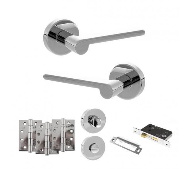 Senza Pari Darrio Door Handle Bathroom Pack (4 Fire Rated Hinges x3) - Polished Chrome