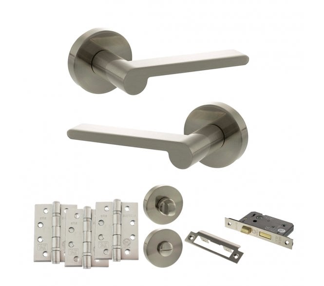 Senza Pari Darrio Door Handle Bathroom Pack (4 Fire Rated Hinges x3) - Satin Nickel