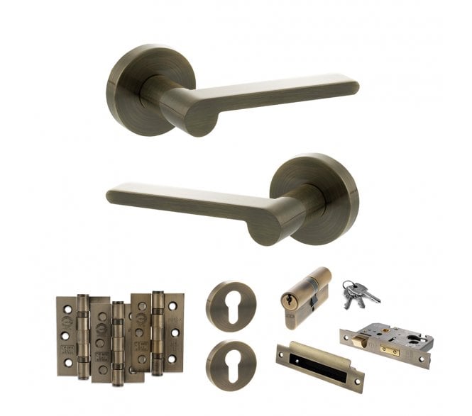 Senza Pari Darrio Door Handle Euro Profile Lock Pack (3 Ball Bearing Hinges x3) - Antique Brass