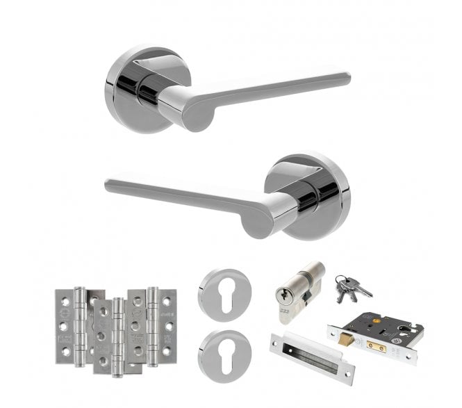 Senza Pari Darrio Door Handle Euro Profile Lock Pack (3 Ball Bearing Hinges x3) - Polished Chrome