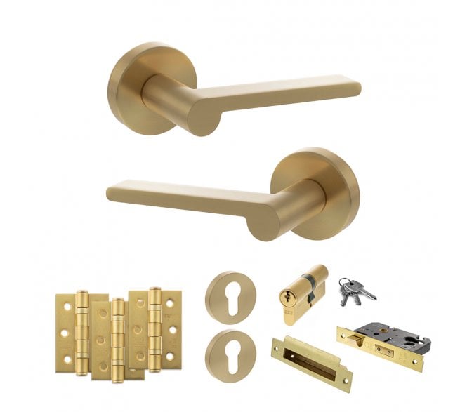 Senza Pari Darrio Door Handle Euro Profile Lock Pack (3 Ball Bearing Hinges x3) - Satin Brass