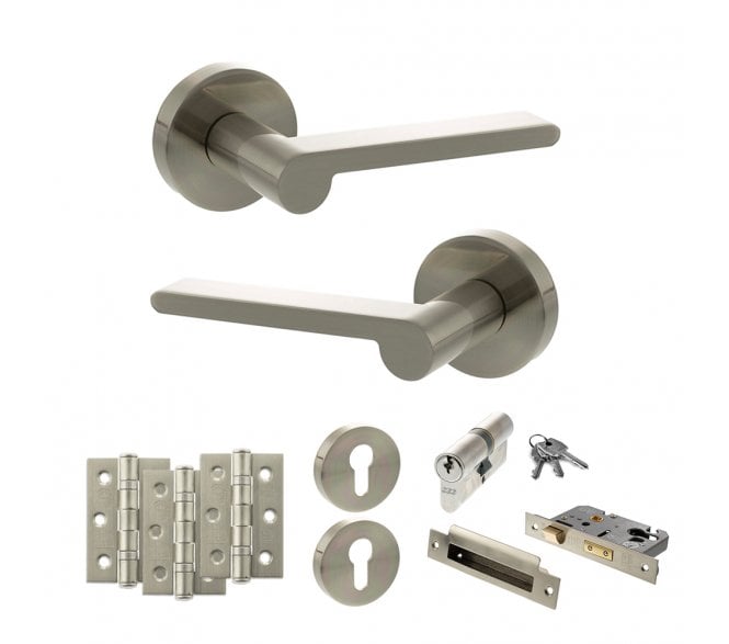 Senza Pari Darrio Door Handle Euro Profile Lock Pack (3 Ball Bearing Hinges x3) - Satin Nickel