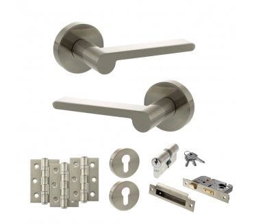 Senza Pari Darrio Door Handle Euro Profile Lock Pack (3 Ball Bearing Hinges x3) - Satin Nickel