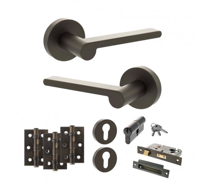 Senza Pari Darrio Door Handle Euro Profile Lock Pack (3 Ball Bearing Hinges x3) - Urban Dark Bronze