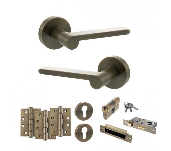 Senza Pari Darrio Door Handle Euro Profile Lock Pack (4 Fire Rated Hinges x3) - Antique Brass