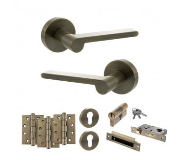 Senza Pari Darrio Door Handle Euro Profile Lock Pack (4 Fire Rated Hinges x3) - Antique Brass