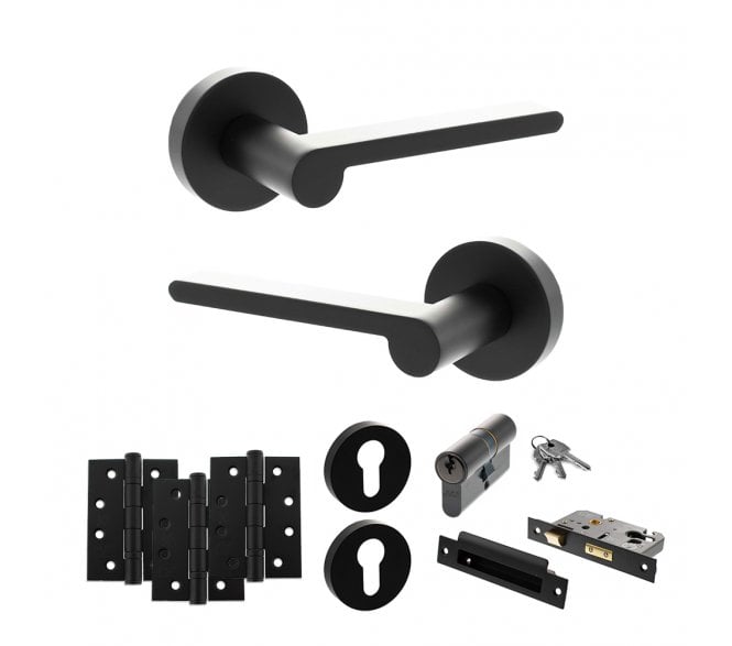 Senza Pari Darrio Door Handle Euro Profile Lock Pack (4 Fire Rated Hinges x3) - Matt Black