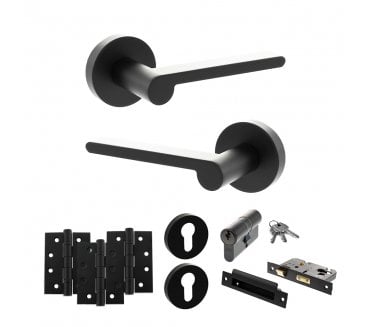 Senza Pari Darrio Door Handle Euro Profile Lock Pack (4 Fire Rated Hinges x3) - Matt Black