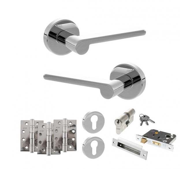 Senza Pari Darrio Door Handle Euro Profile Lock Pack (4 Fire Rated Hinges x3) - Polished Chrome