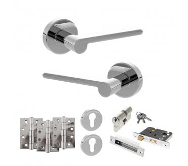 Senza Pari Darrio Door Handle Euro Profile Lock Pack (4 Fire Rated Hinges x3) - Polished Chrome