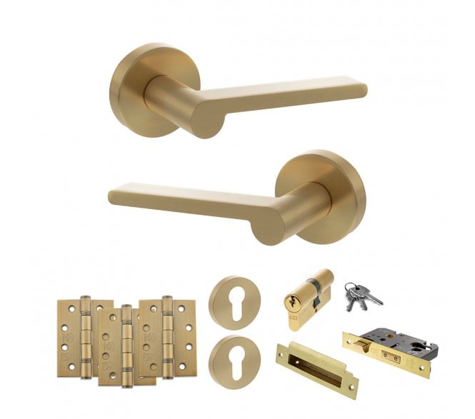Senza Pari Darrio Door Handle Euro Profile Lock Pack (4 Fire Rated Hinges x3) - Satin Brass