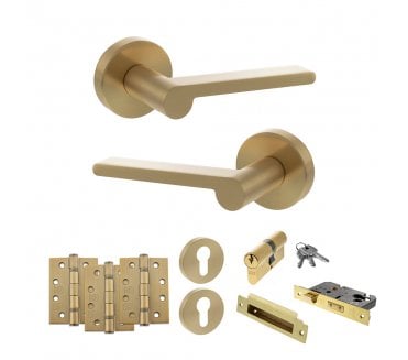 Senza Pari Darrio Door Handle Euro Profile Lock Pack (4 Fire Rated Hinges x3) - Satin Brass