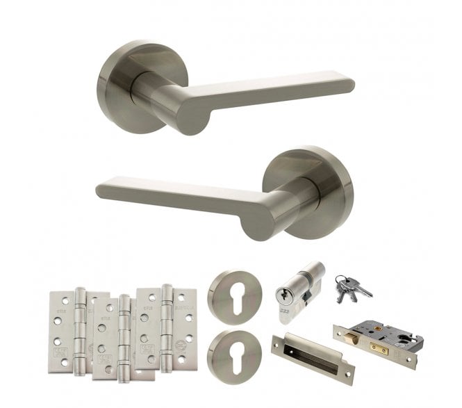 Senza Pari Darrio Door Handle Euro Profile Lock Pack (4 Fire Rated Hinges x3) - Satin Nickel