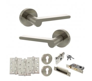 Senza Pari Darrio Door Handle Euro Profile Lock Pack (4 Fire Rated Hinges x3) - Satin Nickel